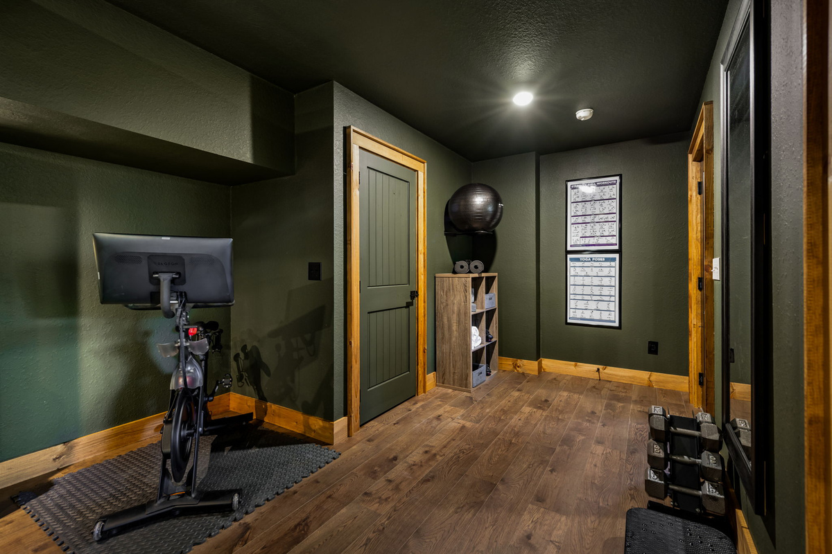 Gym with Peleton, free weights, vibration plate, yoga ball, mats and blocks