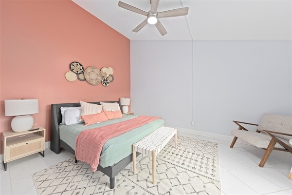 Main level bedroom with ensuite bathroom. Perfect for guests with difficulty navigating stairs