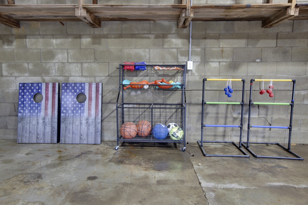 We provide corn hole, sports balls and other outdoor toys.
