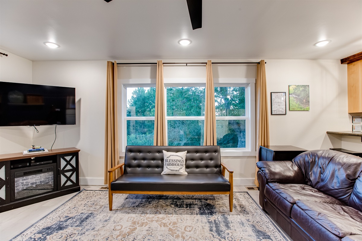 The living room has a smart TV with DVD player (we provide lots of DVDs).  There's also a cozy electric fireplace and lots of books to read.