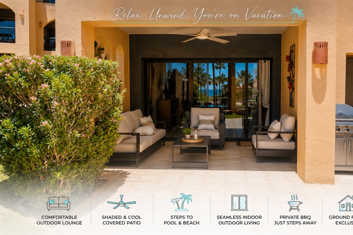 Relax in your private shaded lounge area with comfortable seating, outdoor dining, and seamless indoor-outdoor living just steps from the pool and beach.