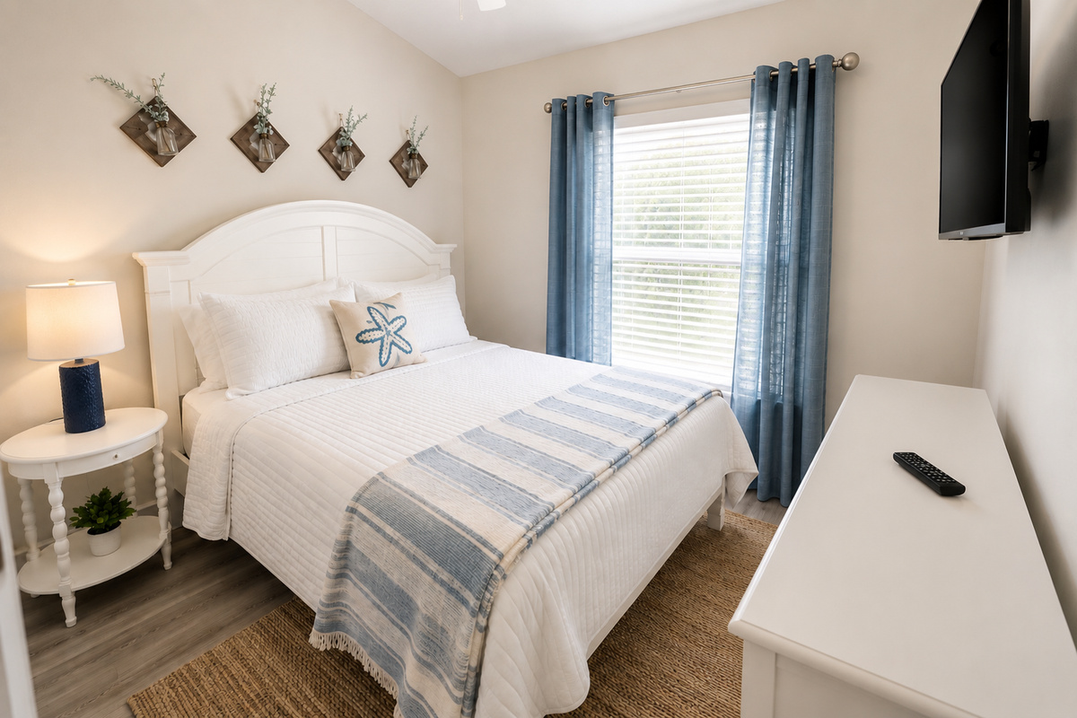 The queen bedroom keeps things breezy — a white arched headboard, a sand-dollar pillow, its own wall-mounted TV, and soft blue curtains that glow at sunrise. Grandparents have been known to claim this room first.