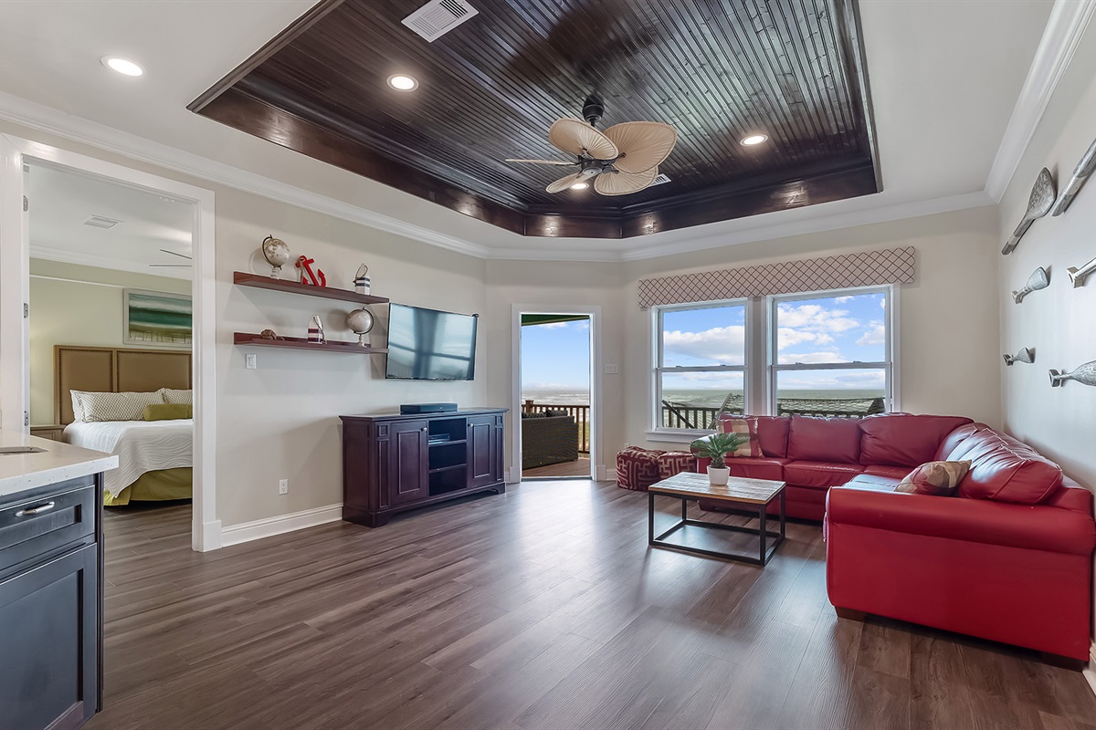 2nd Floor Living Room: With TV, sound system, and beach views.