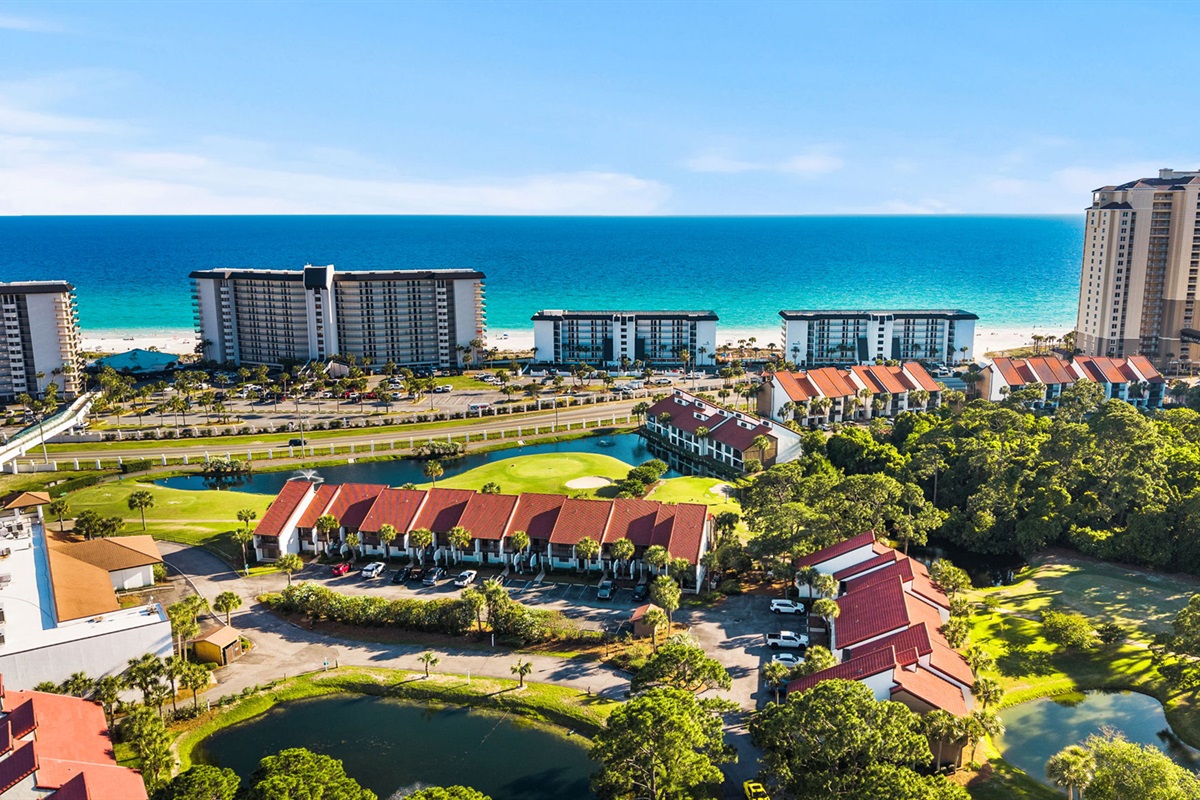 Arial view of our villa building just across the street from the famous turquoise waters of the Emerald Coast