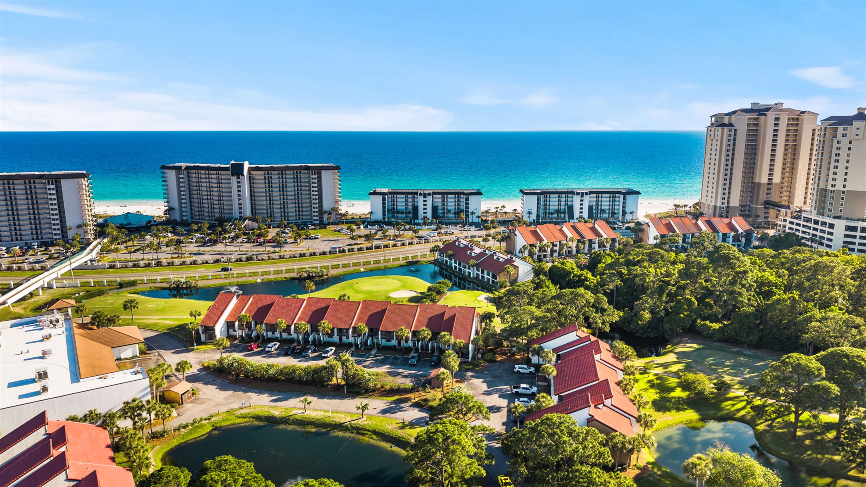 Arial view of our villa building just across the street from the famous turquoise waters of the Emerald Coast