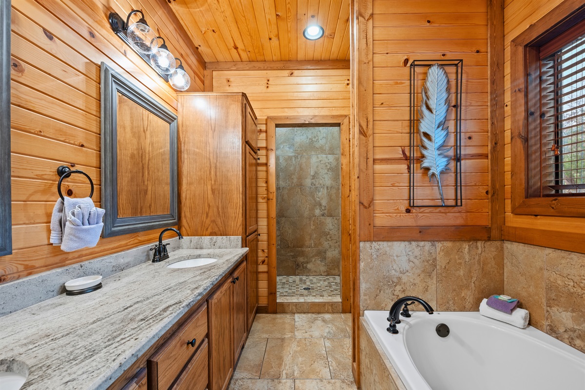 The soaking tub invites you to slow down, unwind, and enjoy a quiet moment after exploring everything Broken Bow has to offer.