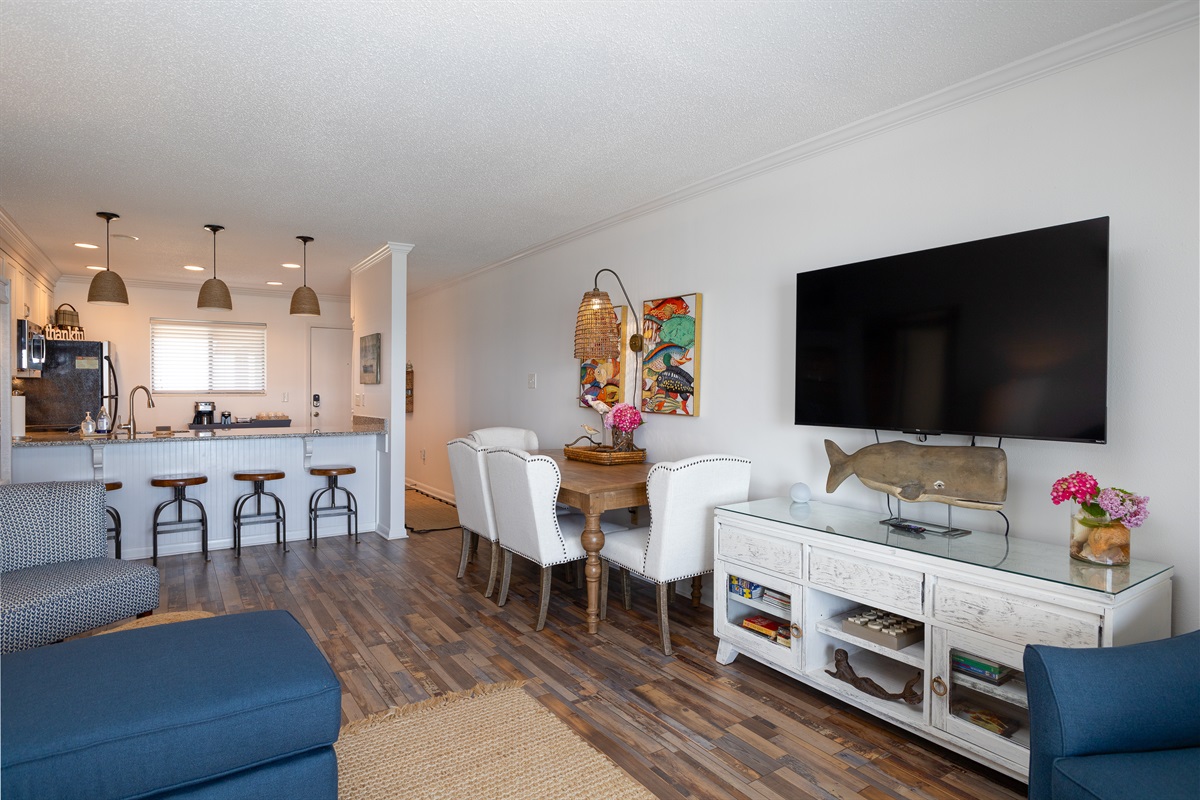 Living room flows right into kitchen