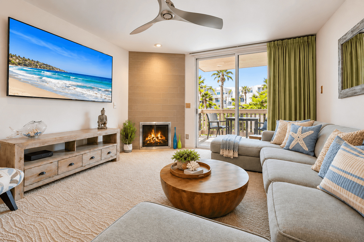 70-inch Smart TV and fireplace