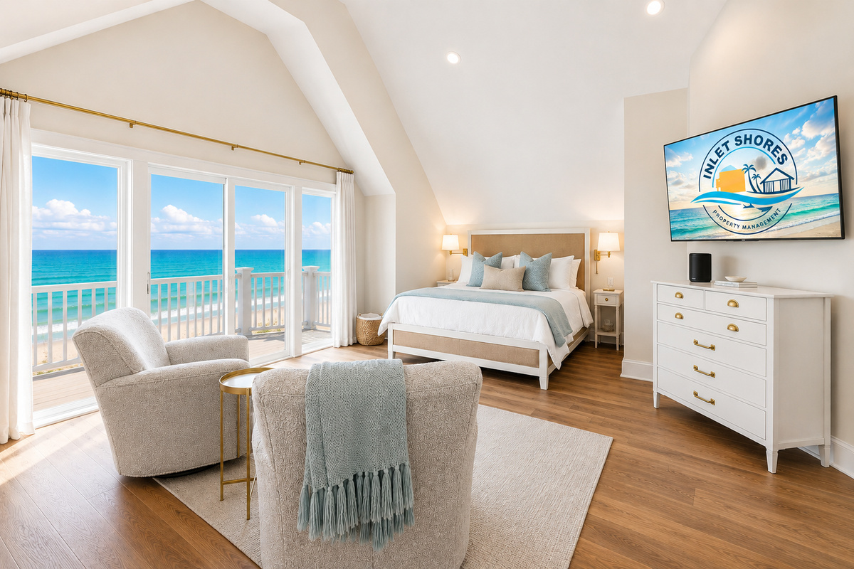 A luxurious king primary retreat featuring plenty of space, coastal comfort, and your own private balcony overlooking the beauty of the coast.