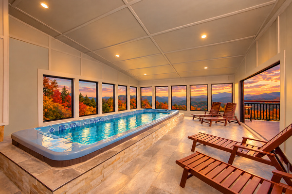 Indoor pool spa kept at 95 degrees year-round, with sunset mountain views, Splashing at the Bluff