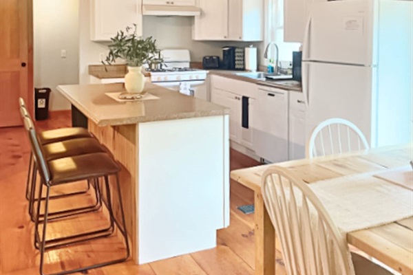 Fully stocked kitchen with big island that fits perfectly into the open floor plan of the home!  