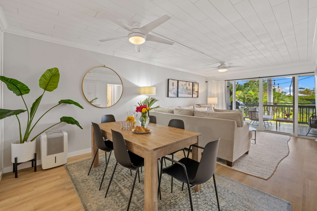 Gather around the dining table with comfortable seating for six.
