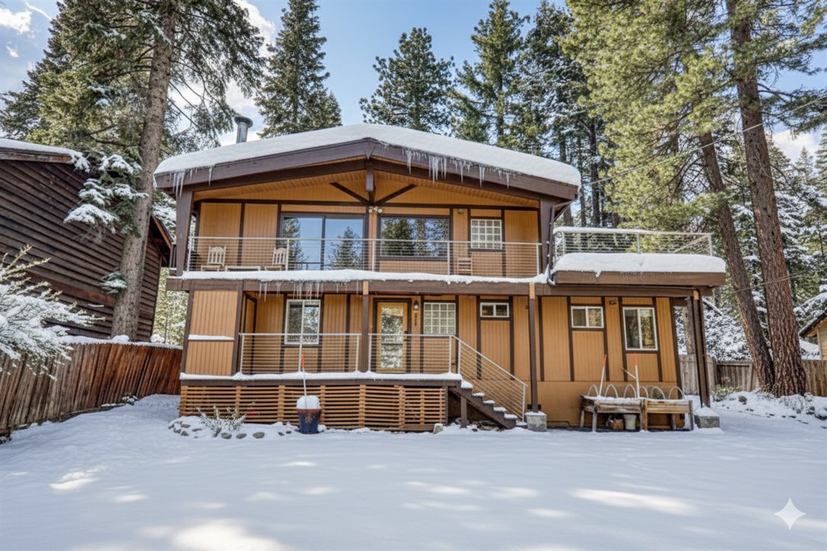 Spacious mountain cabin in a snowy pine forest with private balconies and forest views