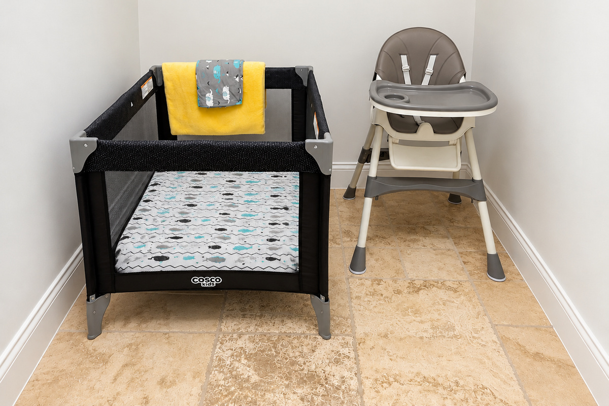 Pack 'n Play and a high chair are ready for babies and toddlers, so parents can pack lighter for the trip.