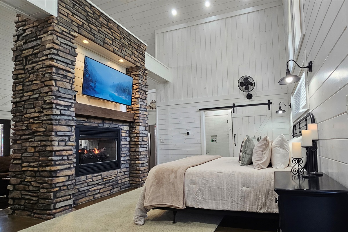 Large Studio bedroom with King bed, fireplace, & TV!