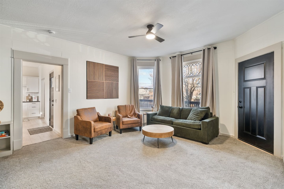 Queen sleeper sofa with extra bedding provided. Comfortable for any guest to relax.