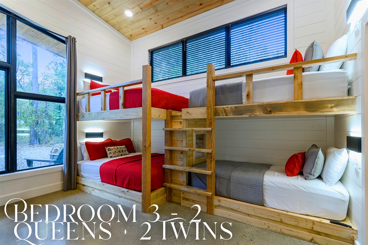 Bedroom 3 brings flexibility for families with two queen beds and two twins, all set in a light-filled room with modern charm.