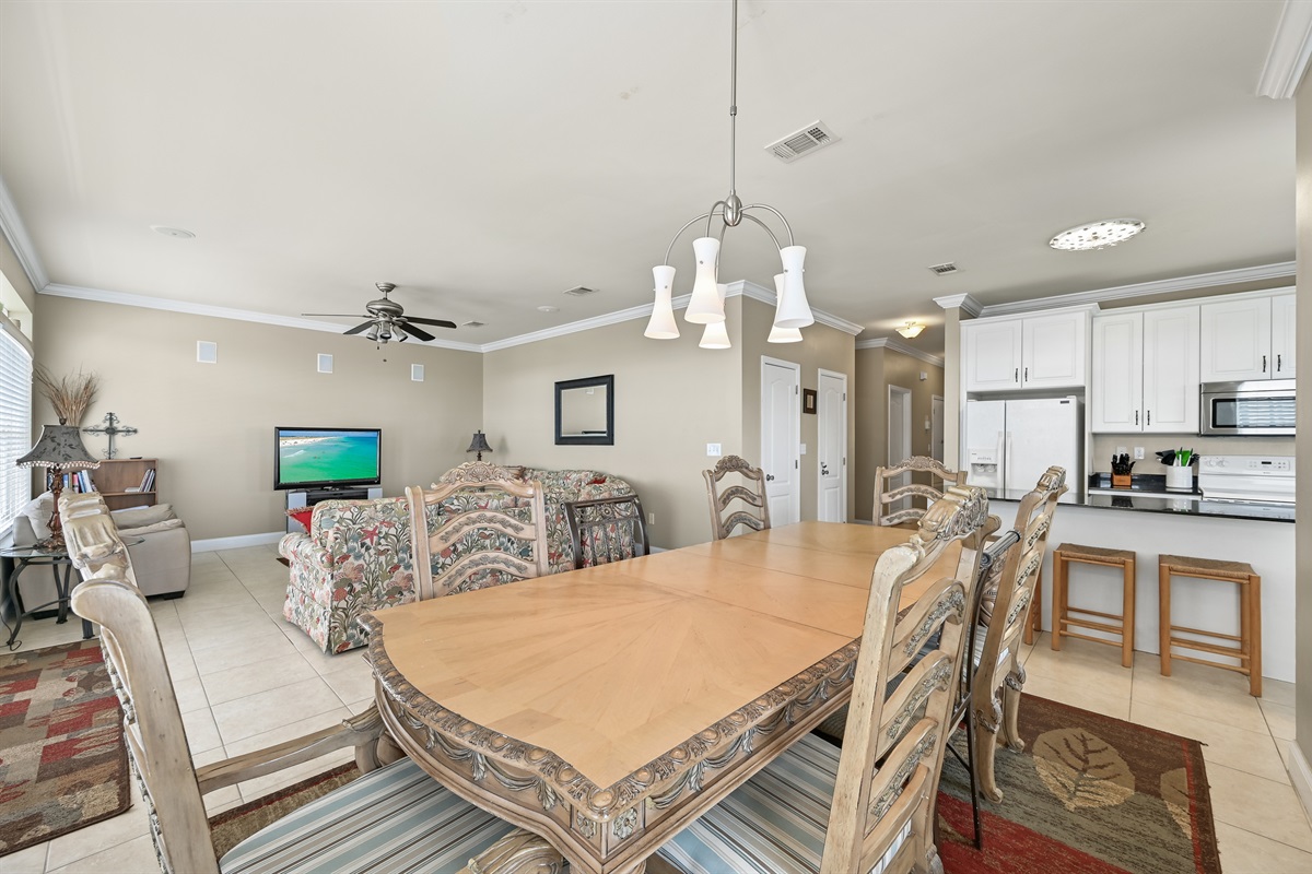 Large table seating 10 + island seating for 3