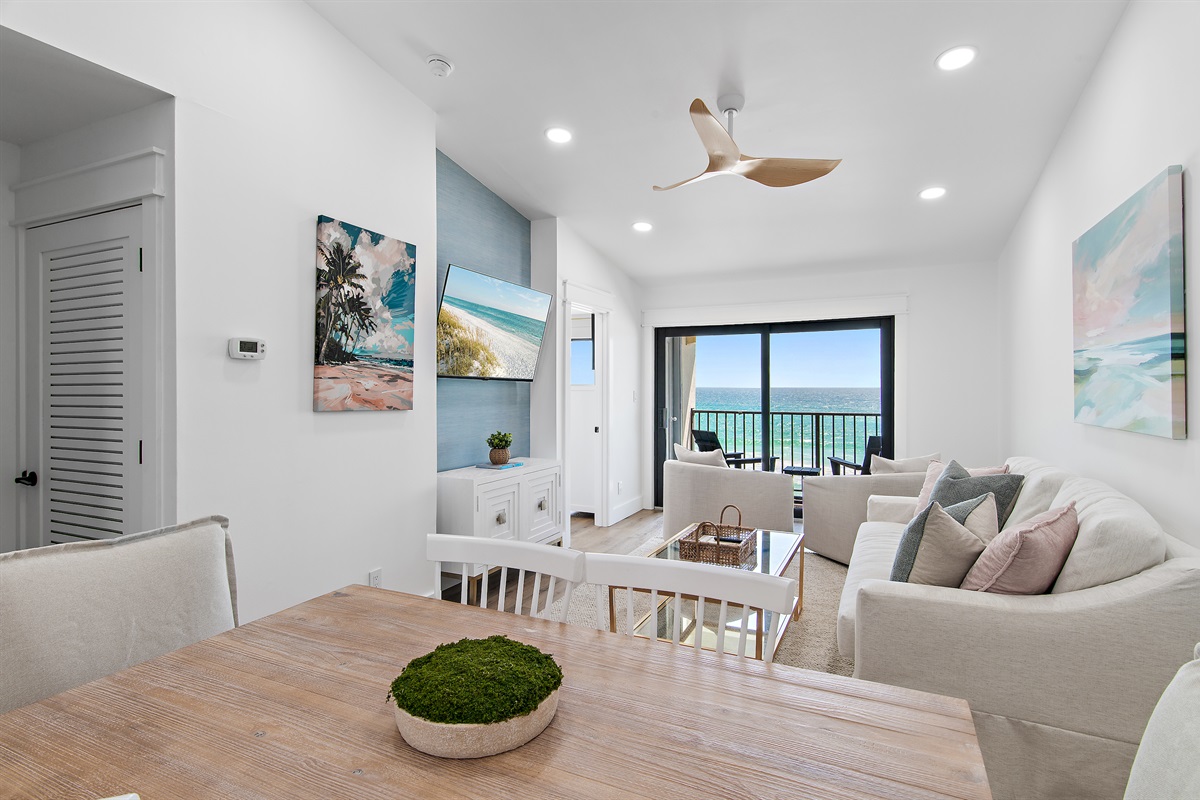 Elegant dining area with seating for six, ideal for shared meals and entertaining.