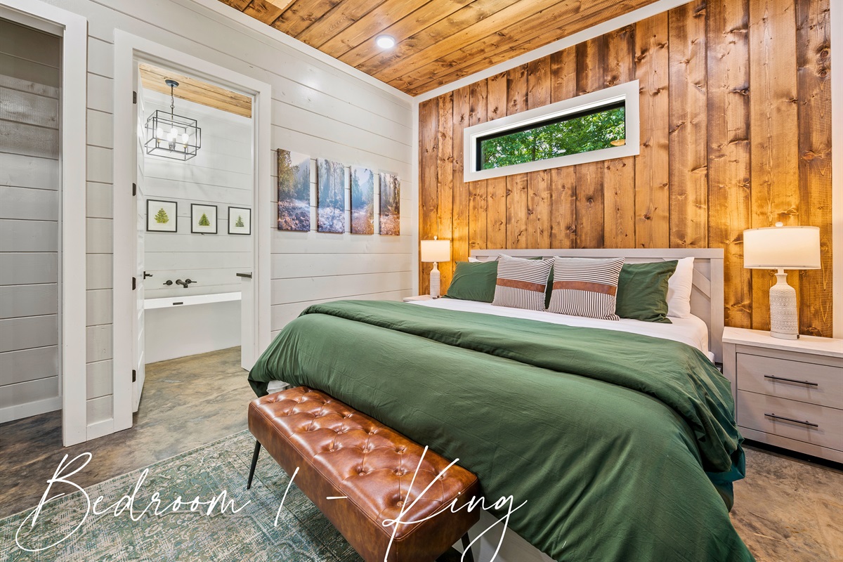 Retreat to comfort in this king-sized haven, where rustic meets modern for a restful night's sleep.