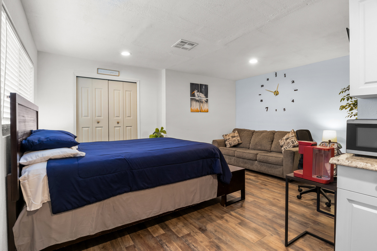 Bedroom connects directly to the lounge seating living space.