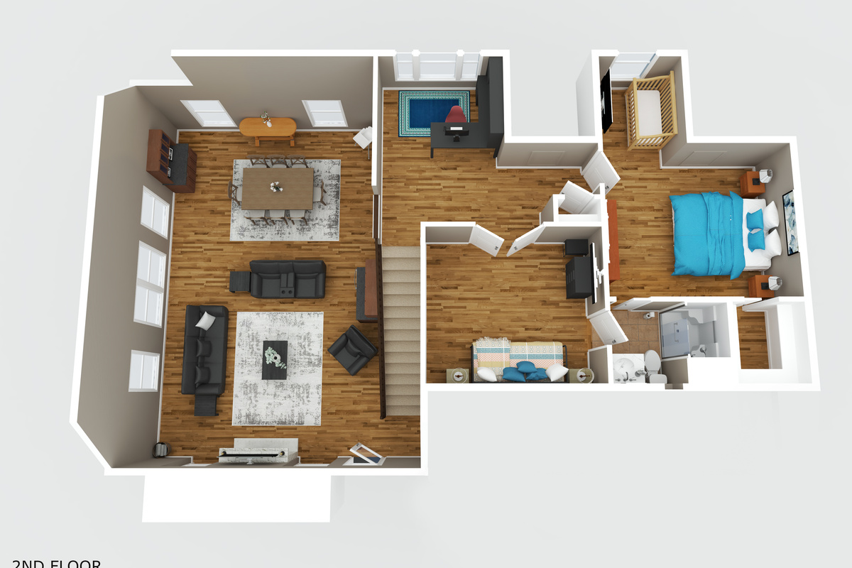 2nd-floor layout featuring the upstairs bedrooms and office area. Please note: the living and dining area shown on the left is the OPEN-TO-BELOW view of the main-floor living/dining space.