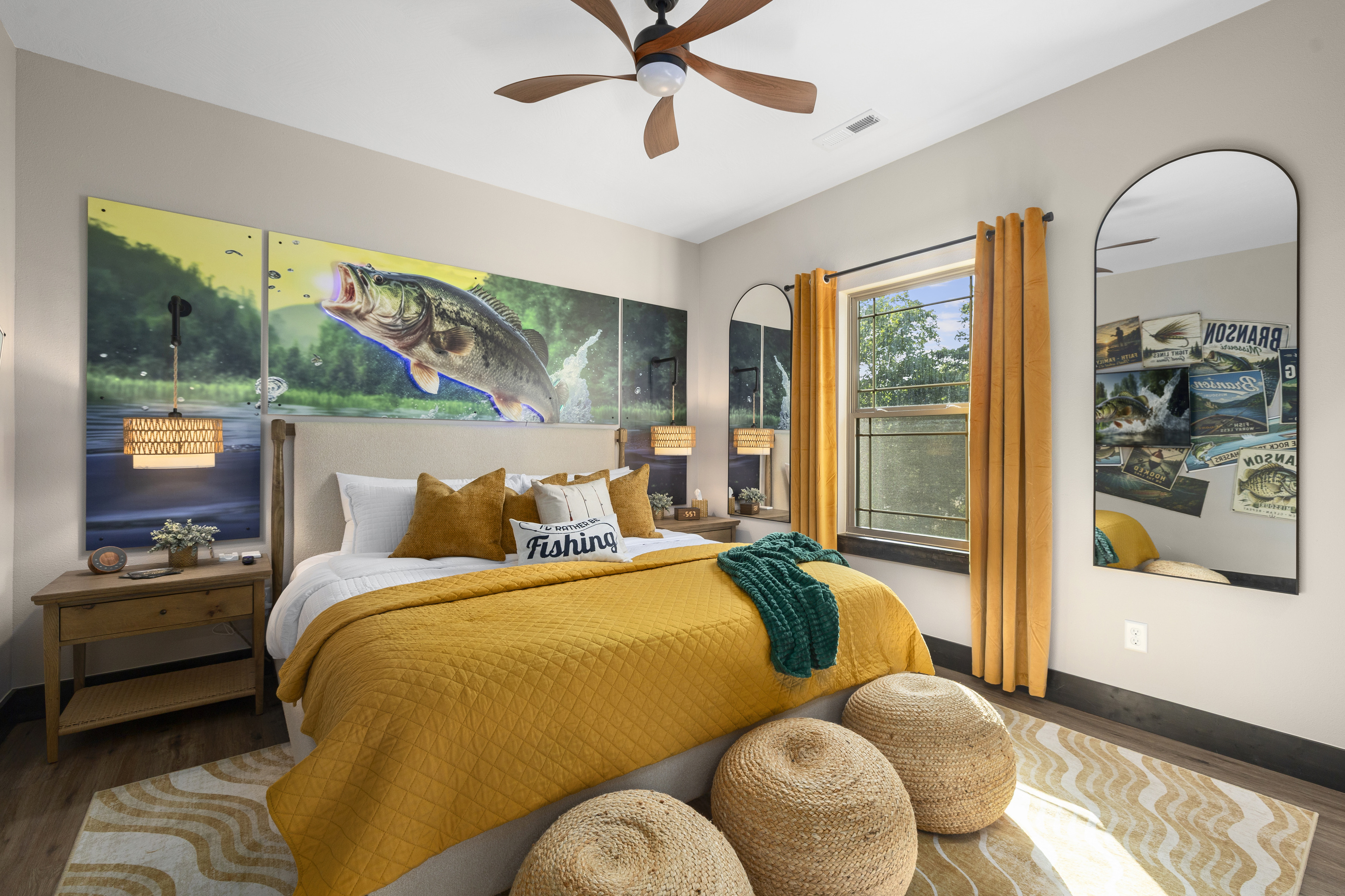 Rise and cast in the Sunrise Fishing Room, a king suite under a leaping-bass mural.
