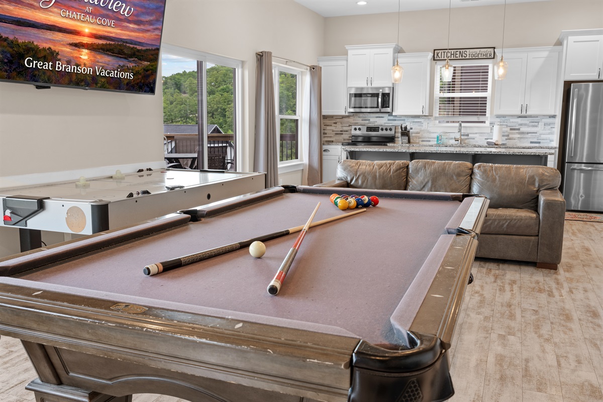 Game Room with Pool Table, Air Hockey Table, 3 Big Couches, and 75" TV!