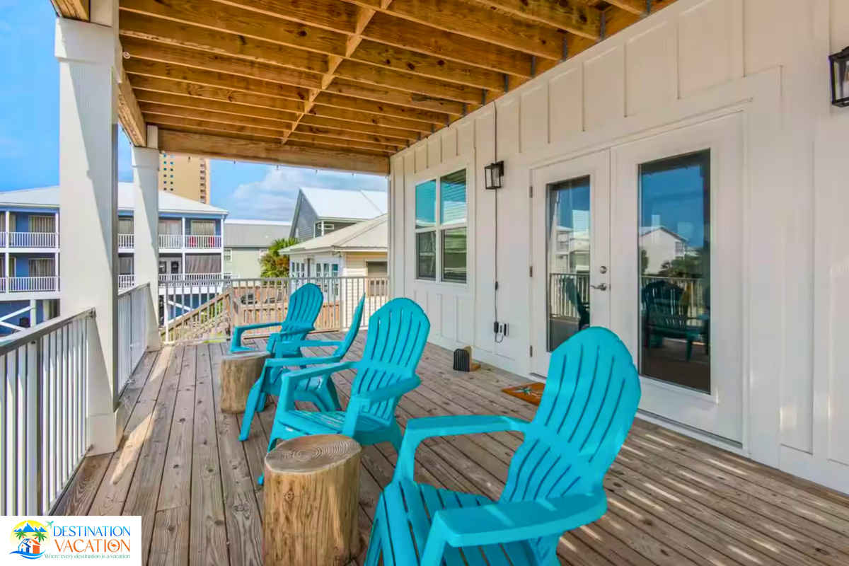 Relaxed deck seating surrounded by sunshine and comfort.