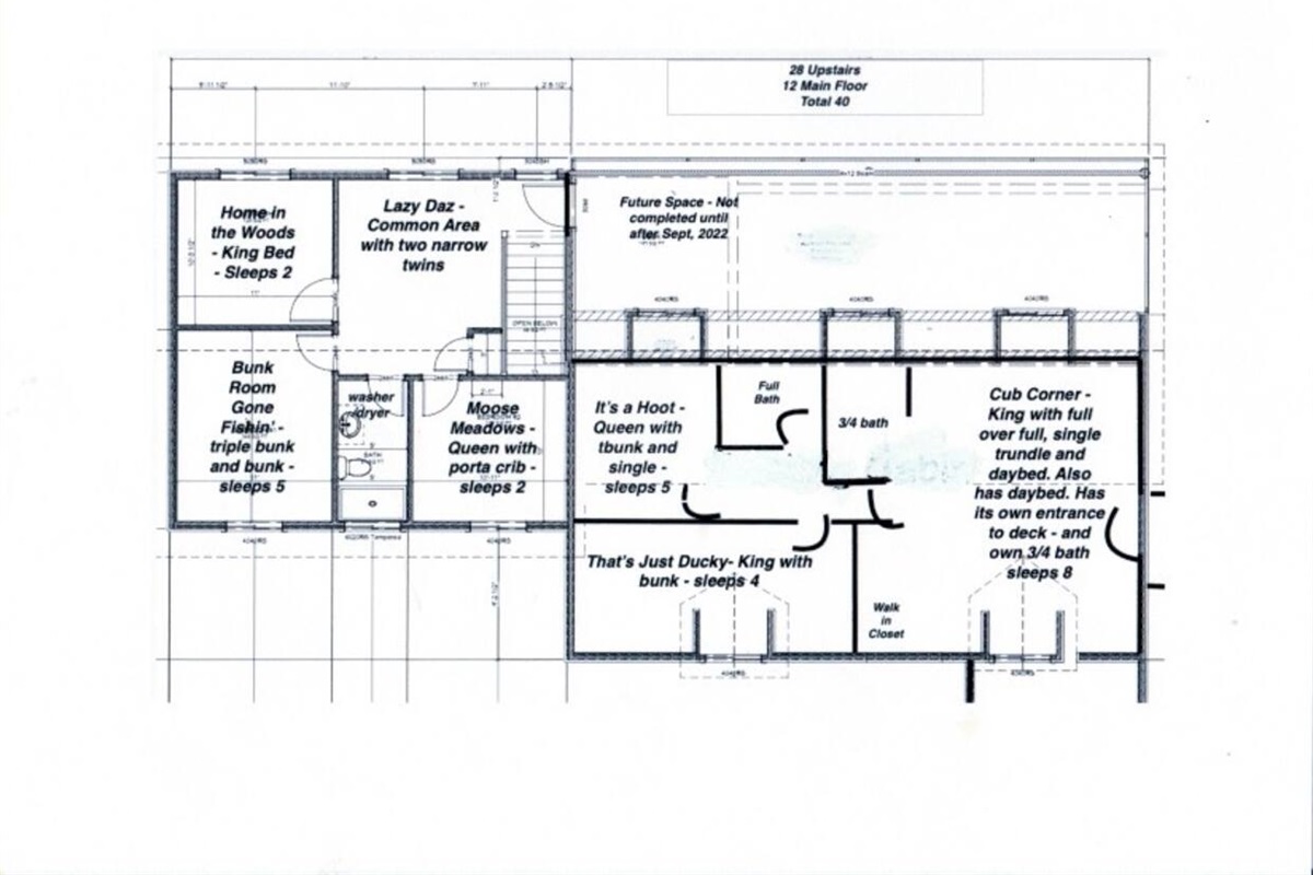 The 2nd floor has a total of 6 bedrooms and one open area with two narrow twin beds.  There are three bathrooms and a laundry area.  