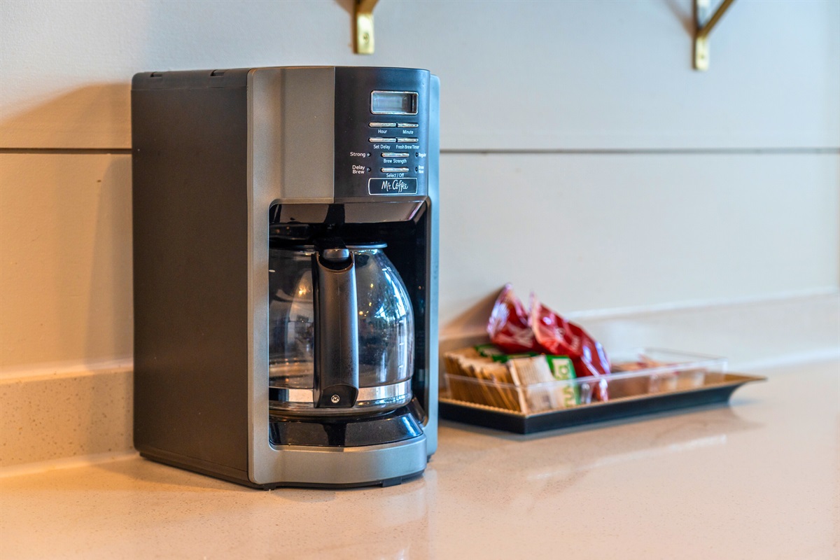Morning coffee starts here—easy brew station ready for your vacation fuel.