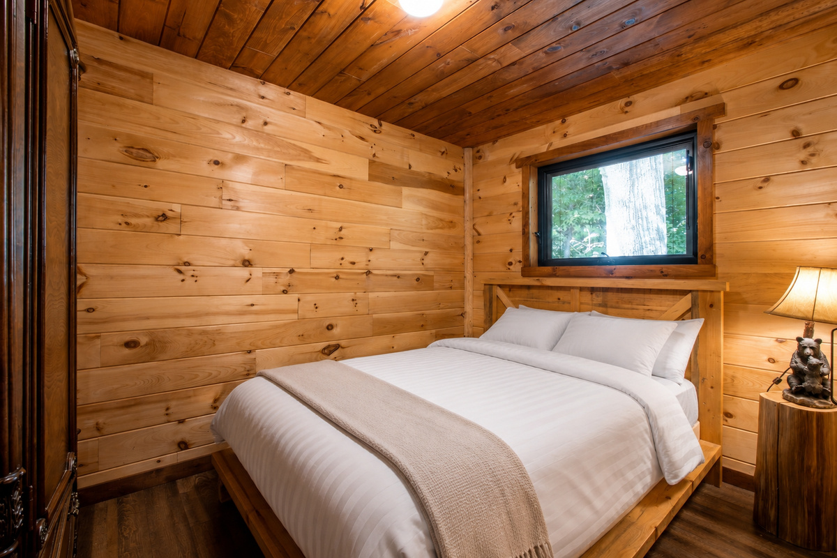 Cozy bedroom with warm wood walls and natural light