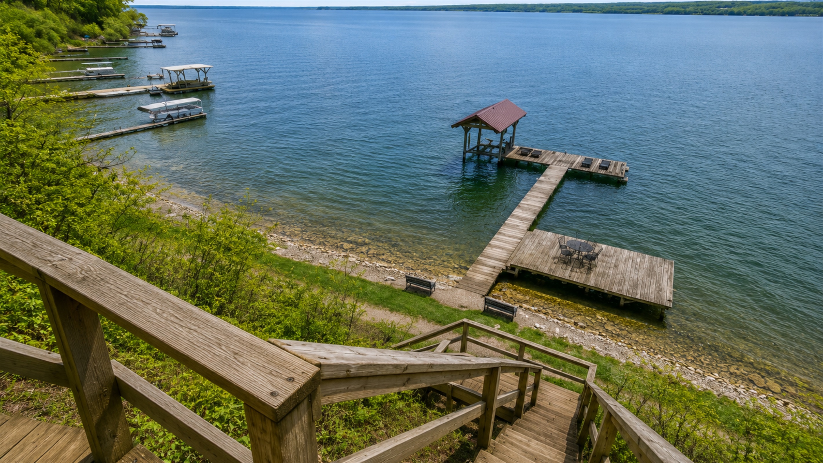 Enjoy panoramic lake views from above as you make your way down to your waterfront escape. Hoist not available
