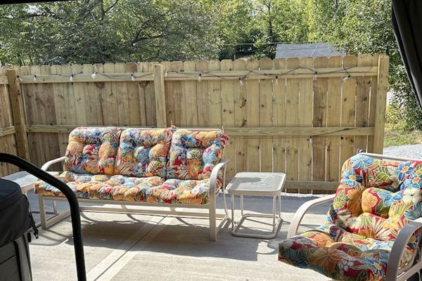 Comfy padded seating to just hang out and visit is on both patios. Plenty of room to spread out and have fun.