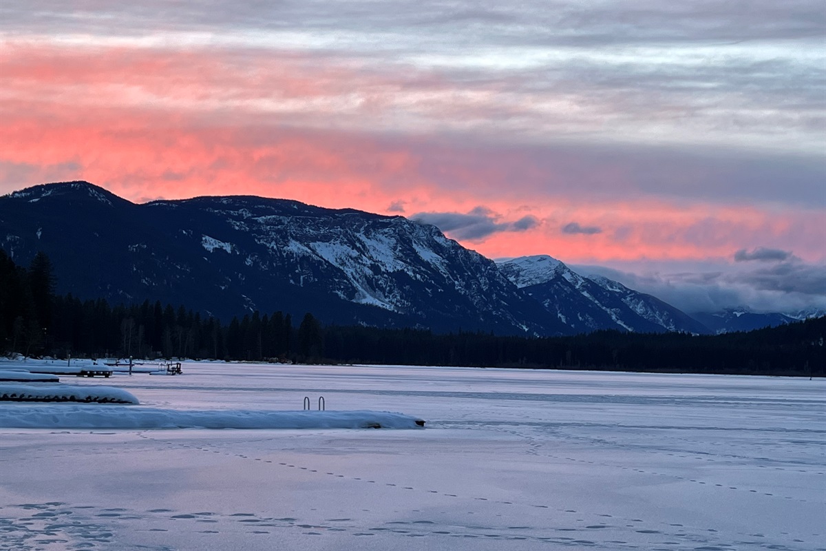 Winter Sunset from your private dock and boathouse with rooftop deck