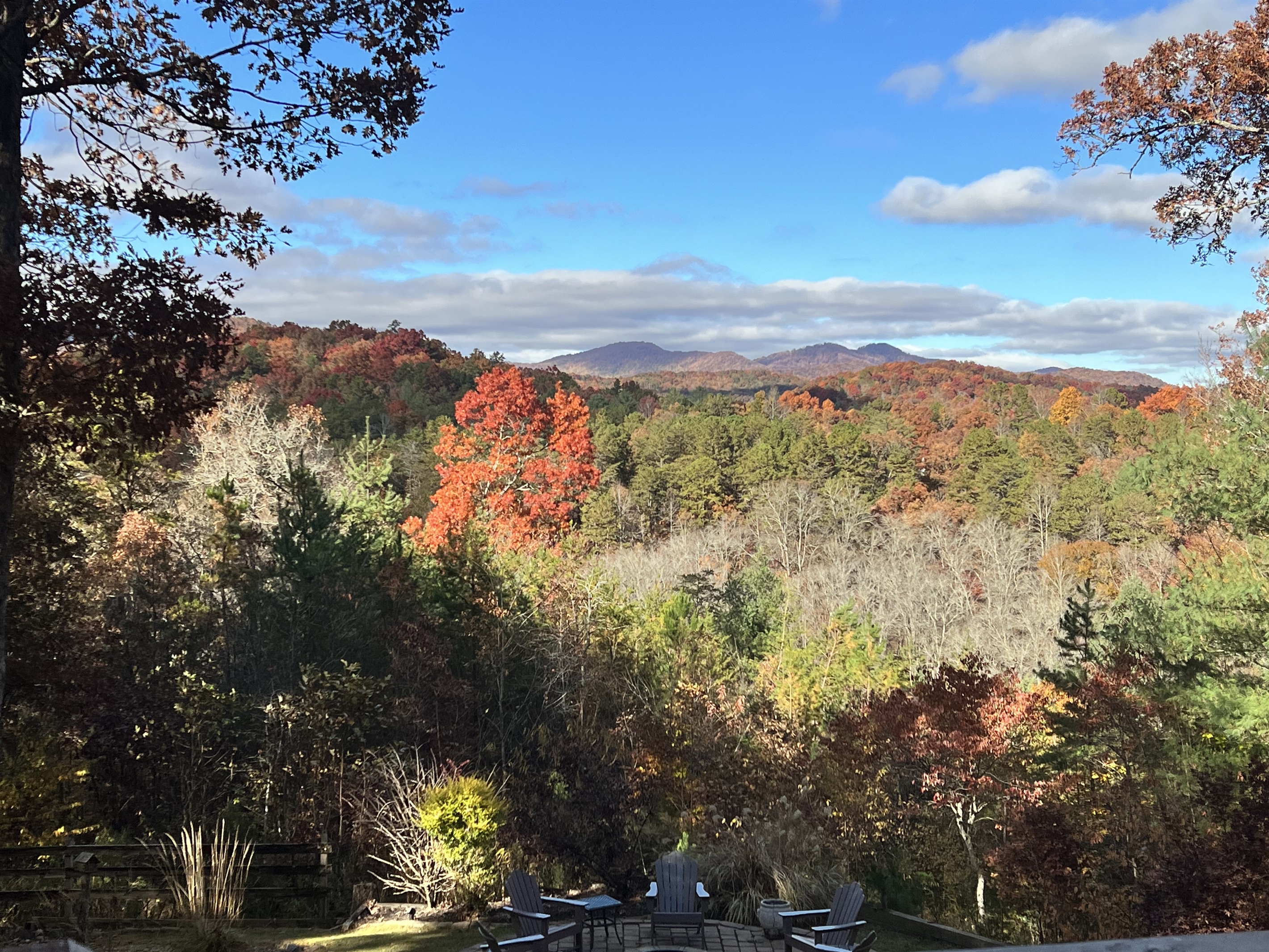 Long range views of trees  and mountains covering three states.  Georgia, Tennessee, and North Carolina.