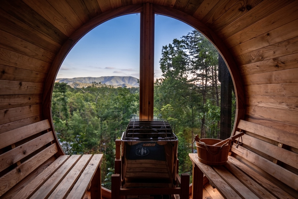 Get STEAMY in our Mountain View, glass wall barrel sauna!