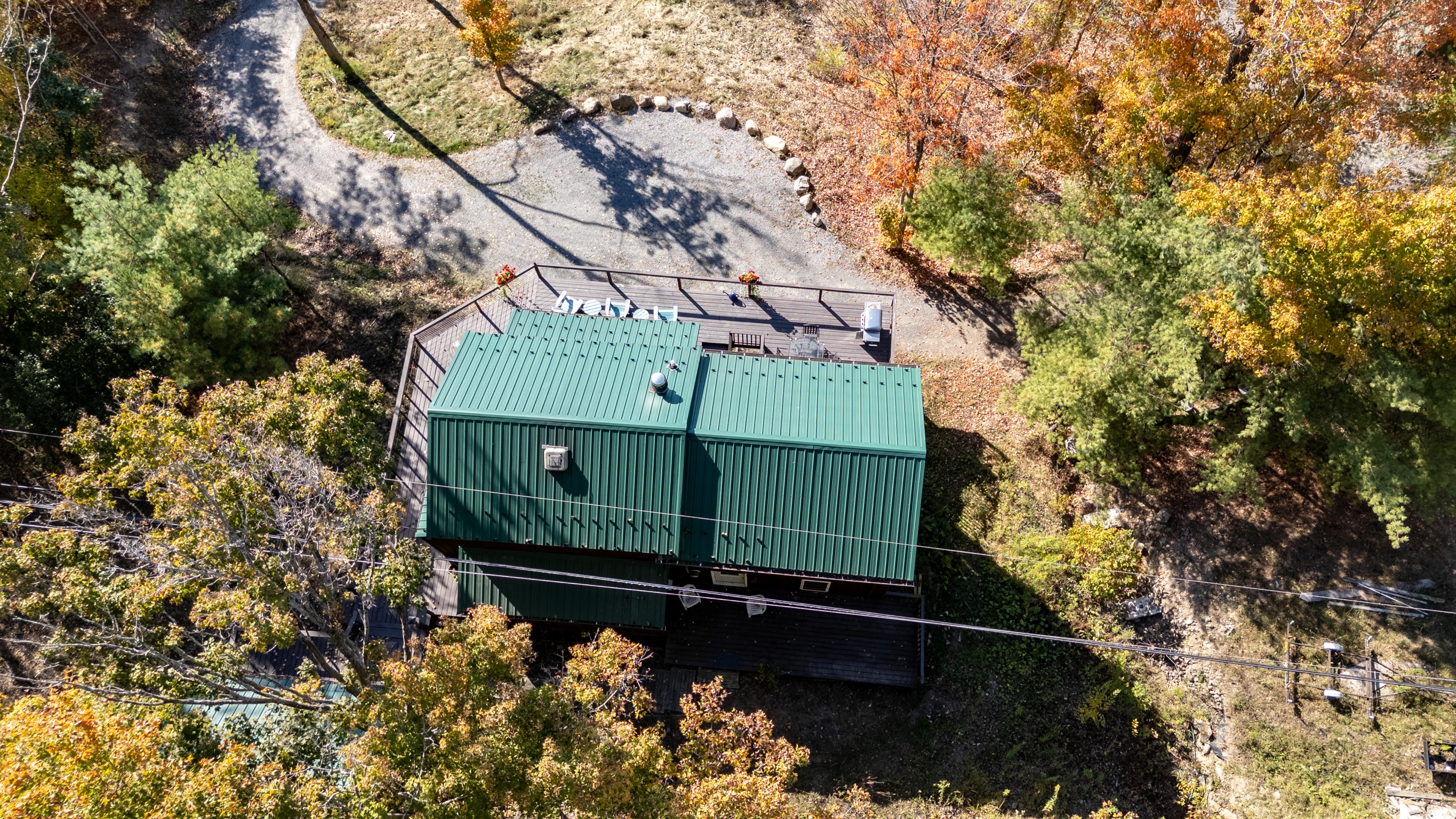 Aerial shot showing the green metal roof and wooded driveway of the cabin.