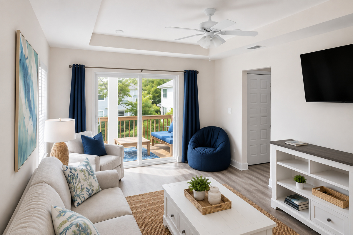 Slide the doors open and the family room doubles in size — the covered balcony's dining table and hanging egg chair sit just outside, so snack time, craft time, and quiet time can all happen in the sea breeze.