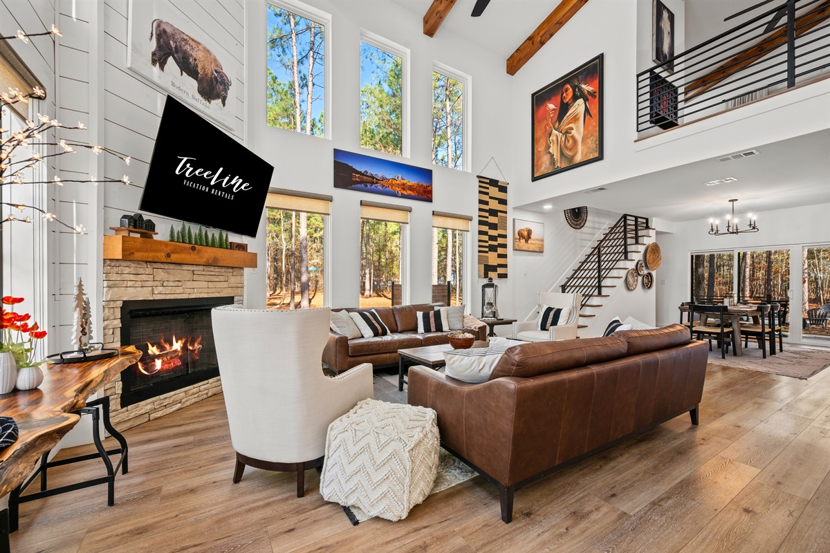 Centered around the fireplace, this space is perfect for gathering after a day of exploring Broken Bow.