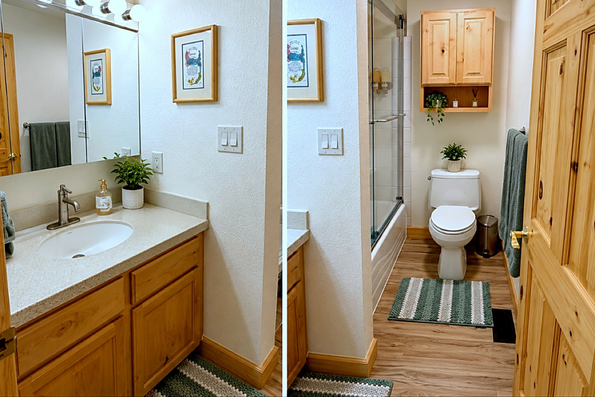Step into the full bathroom, featuring both a tub and a shower.