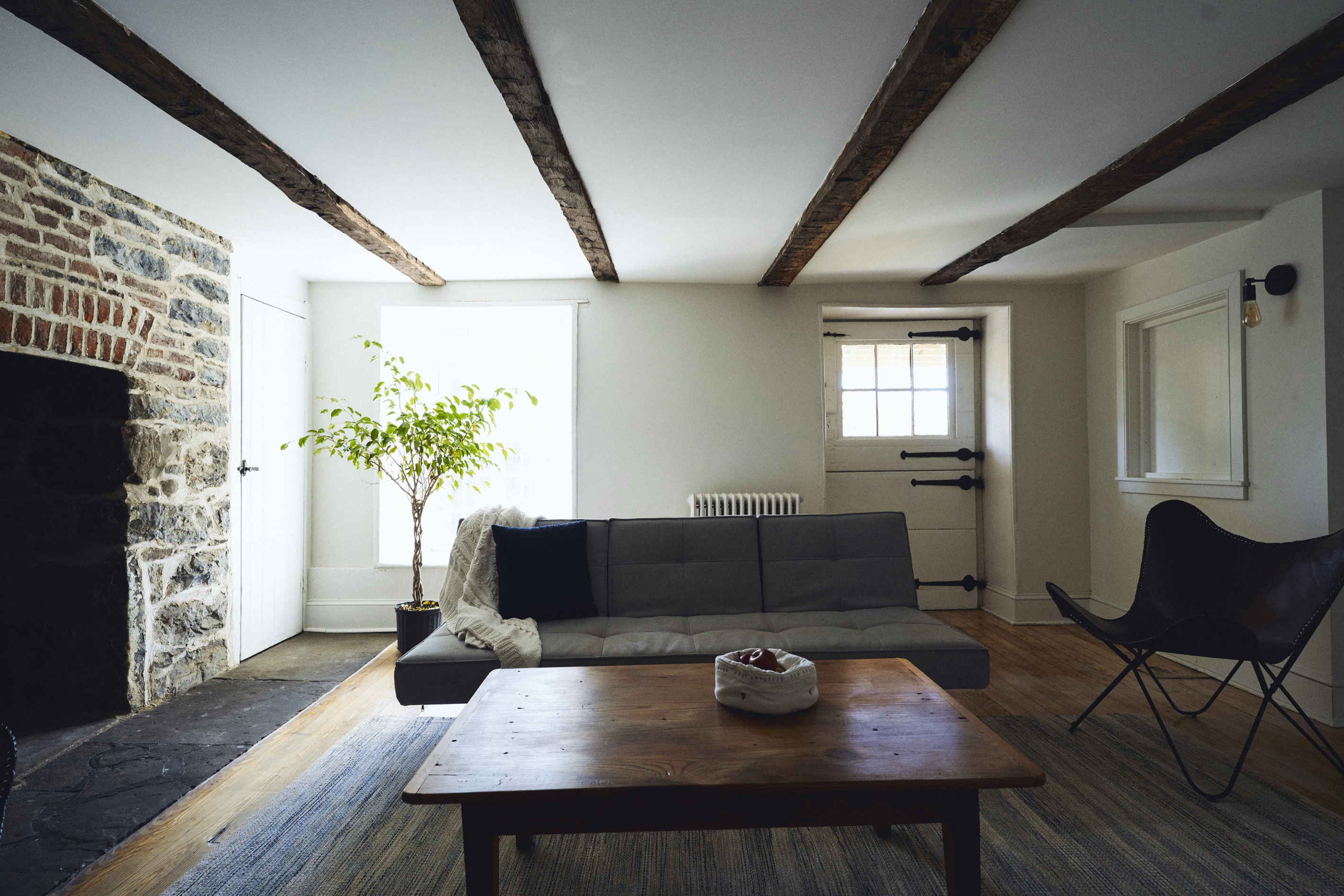 Exposed beams over the living room