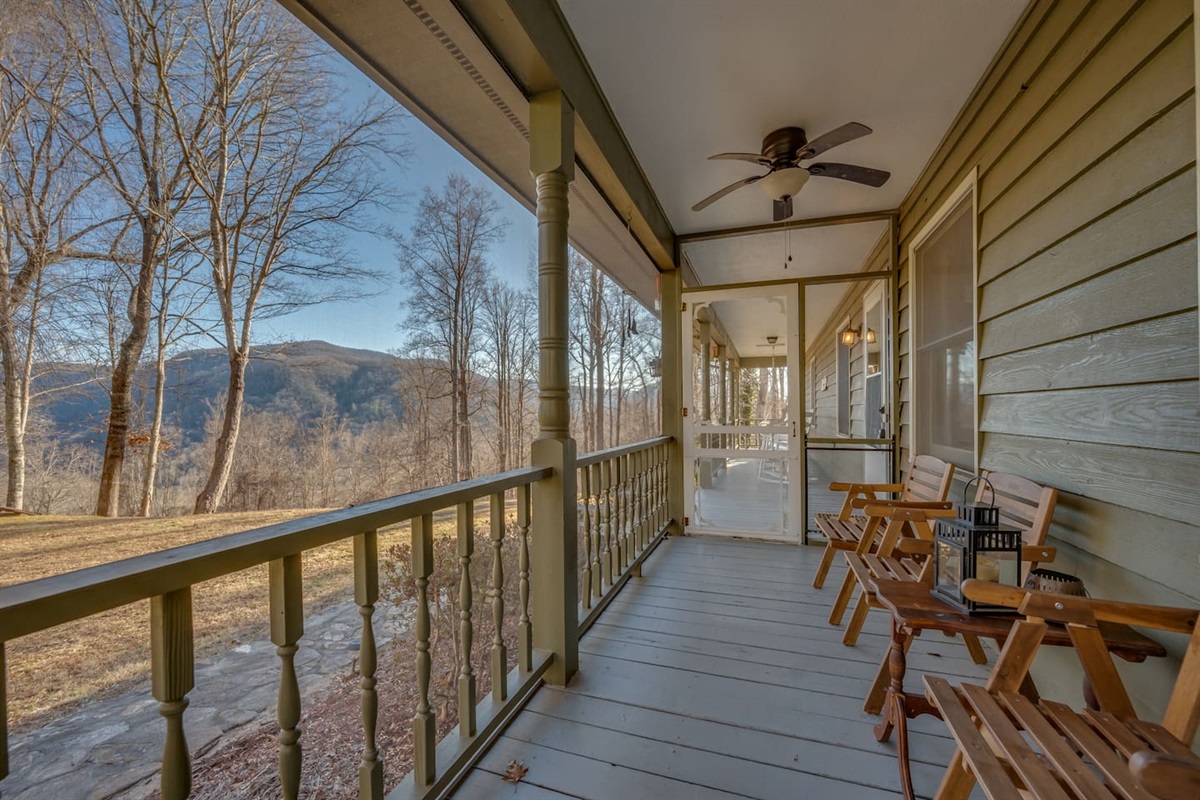 Front porch sitting and relaxing with mountain views 