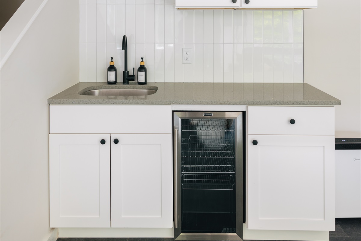 Kitchenette with wine/drink fridge in basement