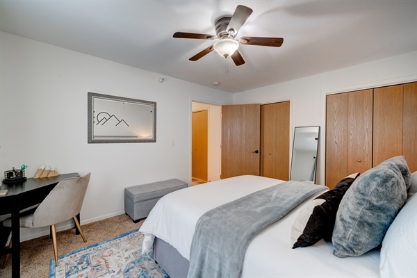 Serene bedroom with ample closet space.