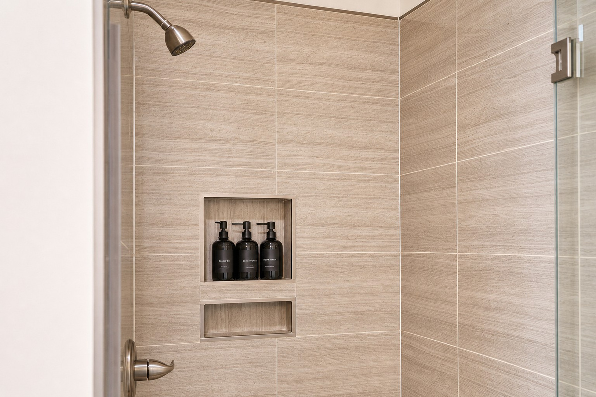Walk-in tiled shower stocked with shampoo, conditioner and body wash