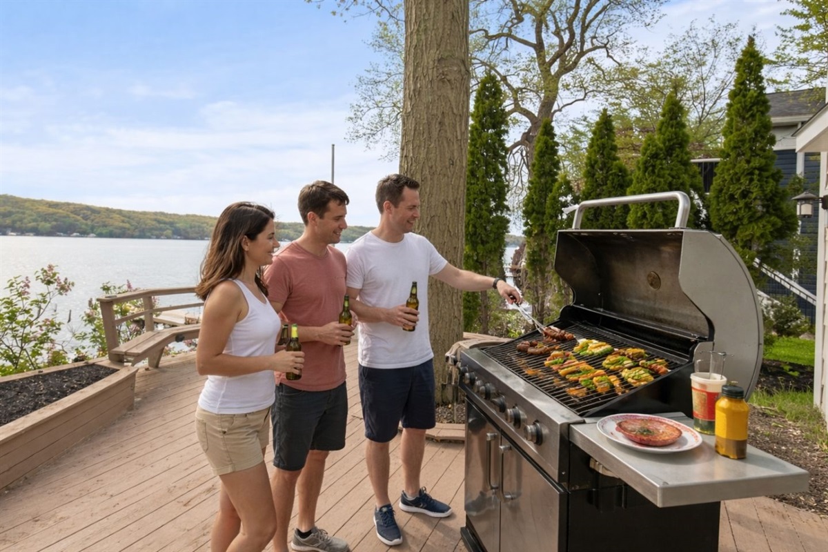 Expansive deck with built-in seating and a beautiful lake view. Perfect for outdoor relaxation, BBQs, and enjoying the serene surroundings. Ideal for gatherings and peaceful moments by the water.