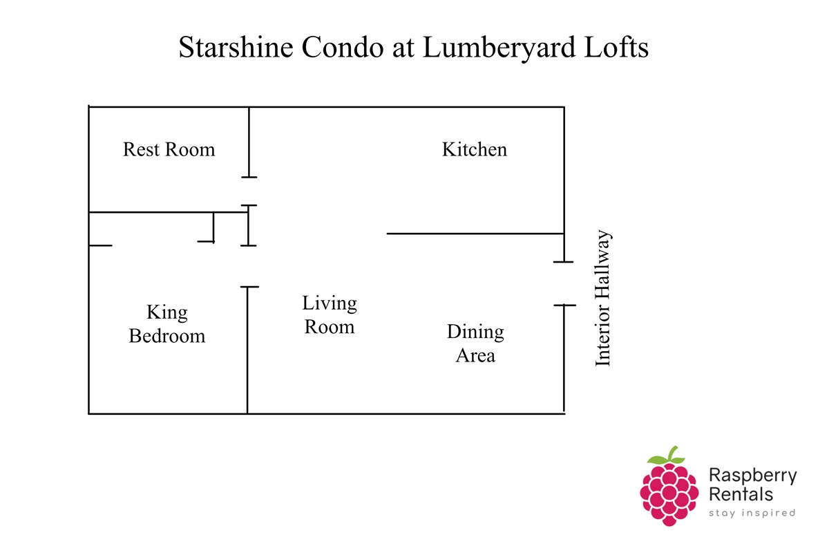 Floorplan to Starshine Condo showing entrance into dining area, living room and open kitchen. King bedroom and rest room are opposite entrance.