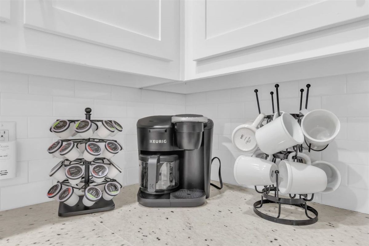 Coffee station with Keurig for your morning brew.