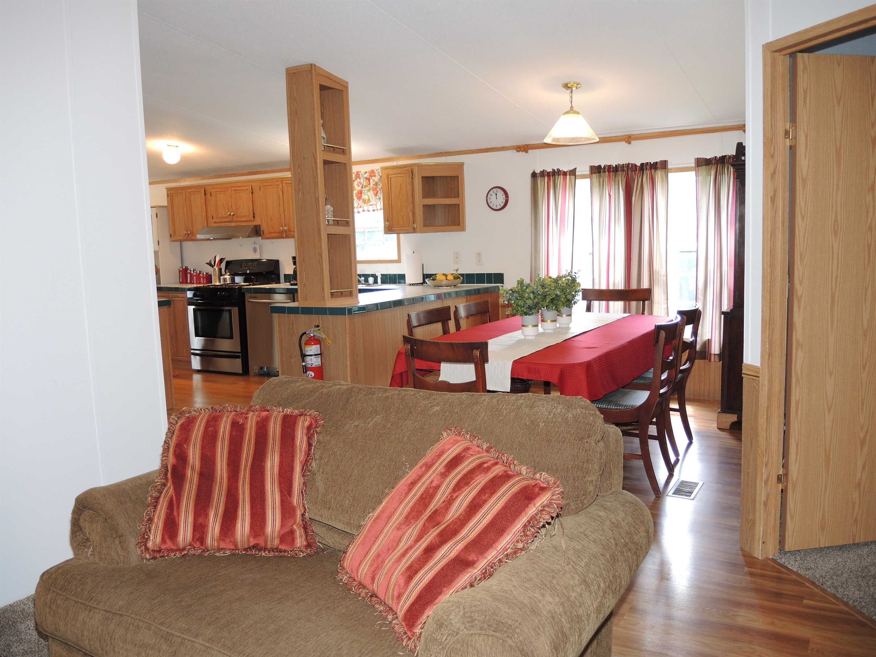 Living room into dining area and kitchen